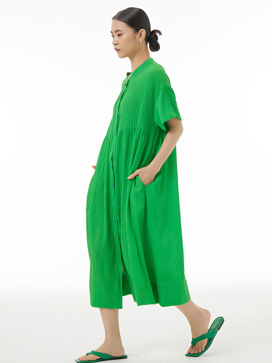 Women Summer Elegant Solid Pleat Loose Cardigan Dress