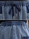 Women Summer Casual Stripe Spliced Pocket Harem Denim Pants