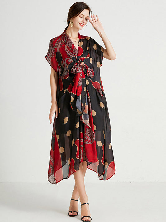 Robe ample d'été rétro à pois pour femmes, imprimé avec cordon de serrage