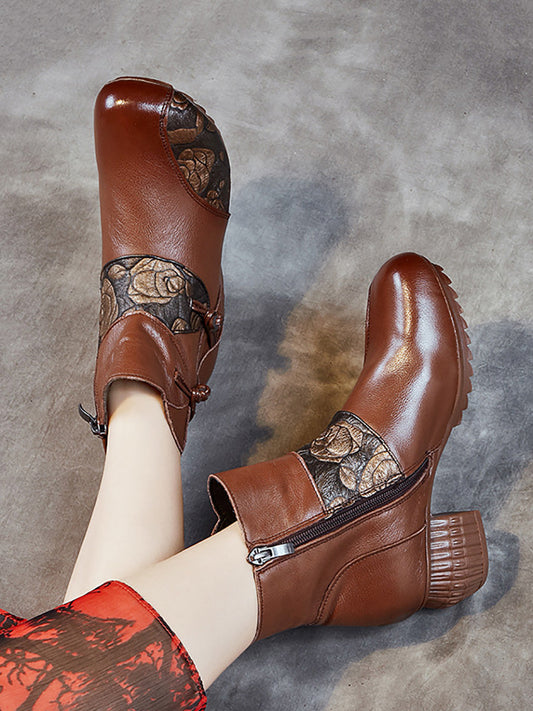 Women Vintage Winter Leather Flower Spliced Ankle Boots