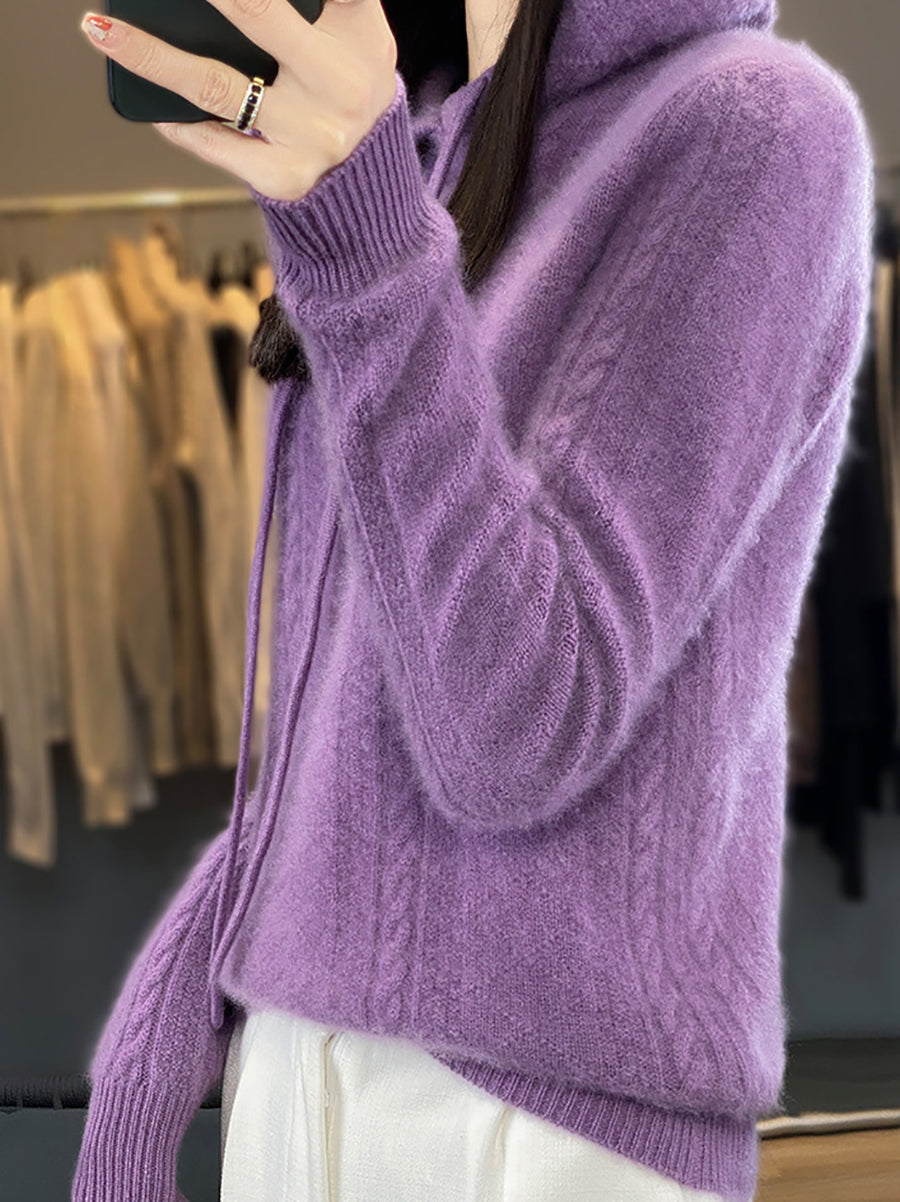 Women Winter Solid Wool Knitted Hooded Sweater