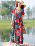 Women Ethnic Summer Patch Spliced Drawstring Loose Dress