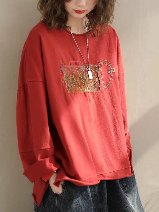 Women Vintage Spring Spliced Embroidery O-Neck Sweatshirt
