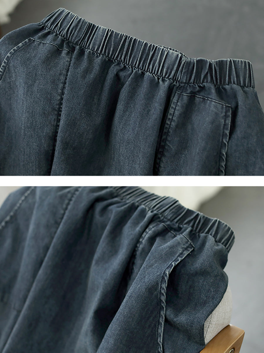 Women Retro Stitching Summer Pocket Denim Skirt