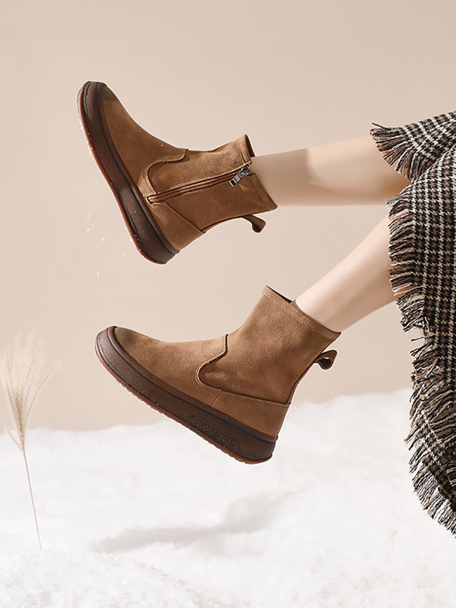 Women Vintage Leather Spliced Flat Ankle Boots