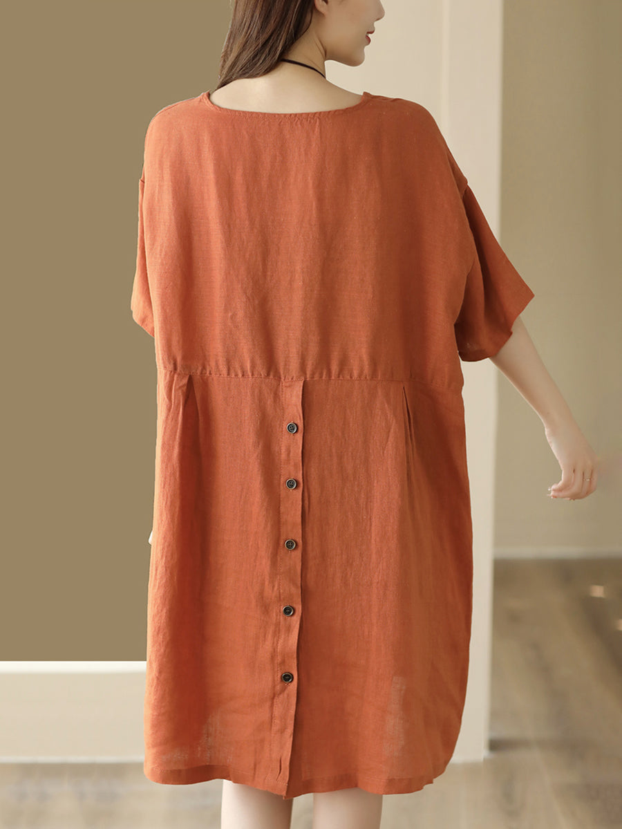 Women Summer Vintage Print Loose 100%Linen Dress