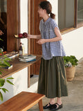 Women Summer Vintage Plaid Pleat Linen Cotton Shirt