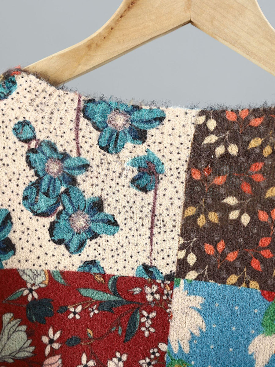 Women Ethnic Flower Patch Spliced O-Neck Sweater