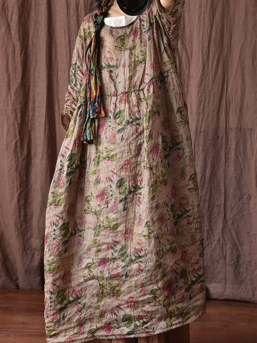 Women Summer Vintage Floral Plaid Loose Ramie Dress