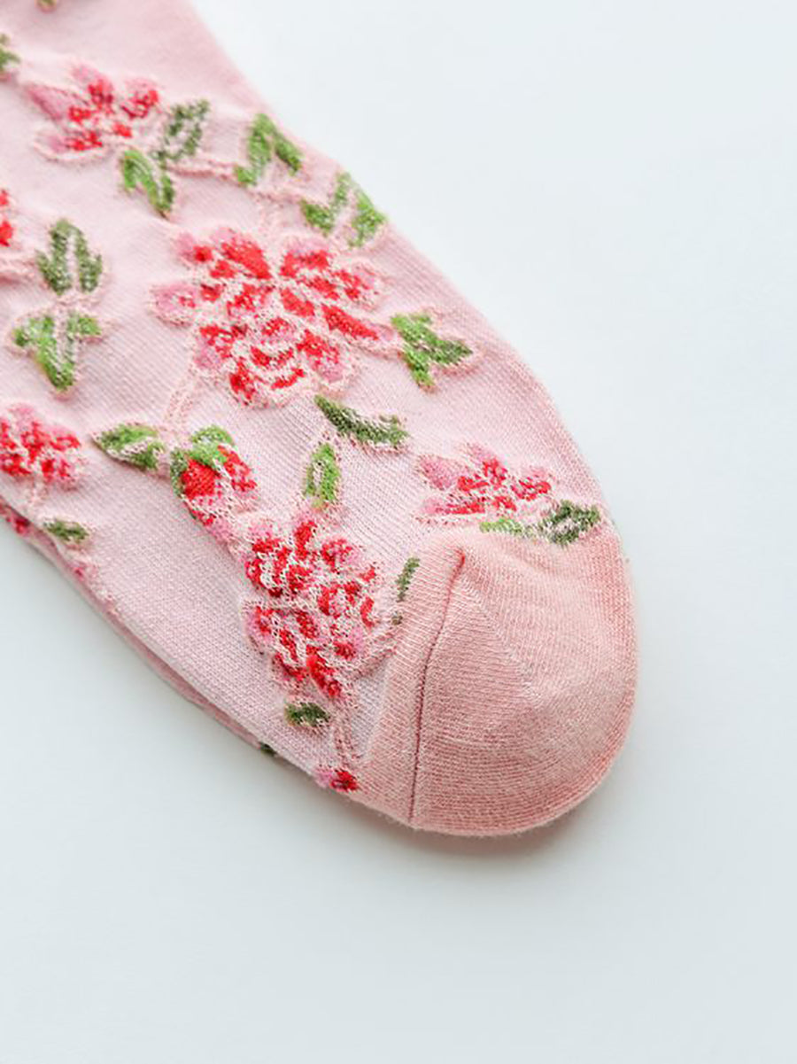 5 paires de chaussettes en coton jacquard floral vintage pour femmes