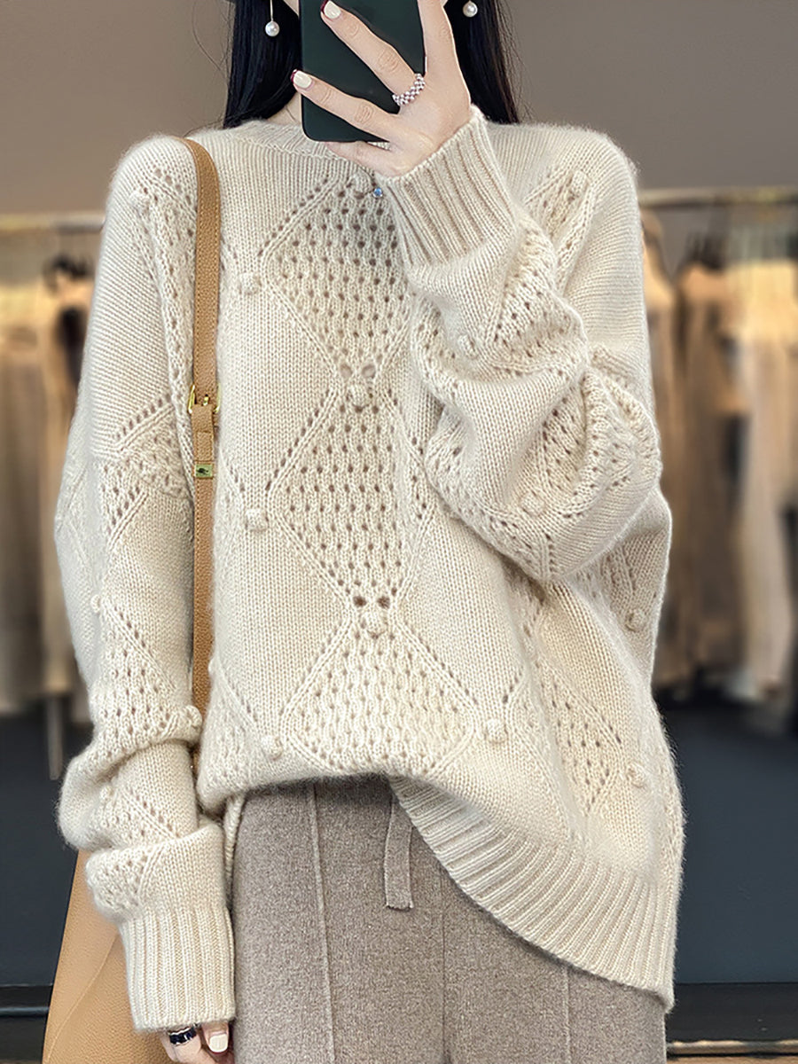 Women Winter Rhomboids Knitted O-neck Wool Sweater