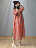 Women Summer Vintage Floral Frog Spliced Split Hem Dress