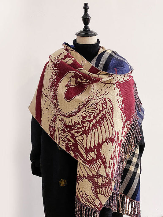 Women Vintage Plaid Print Tassel Winter Scarf