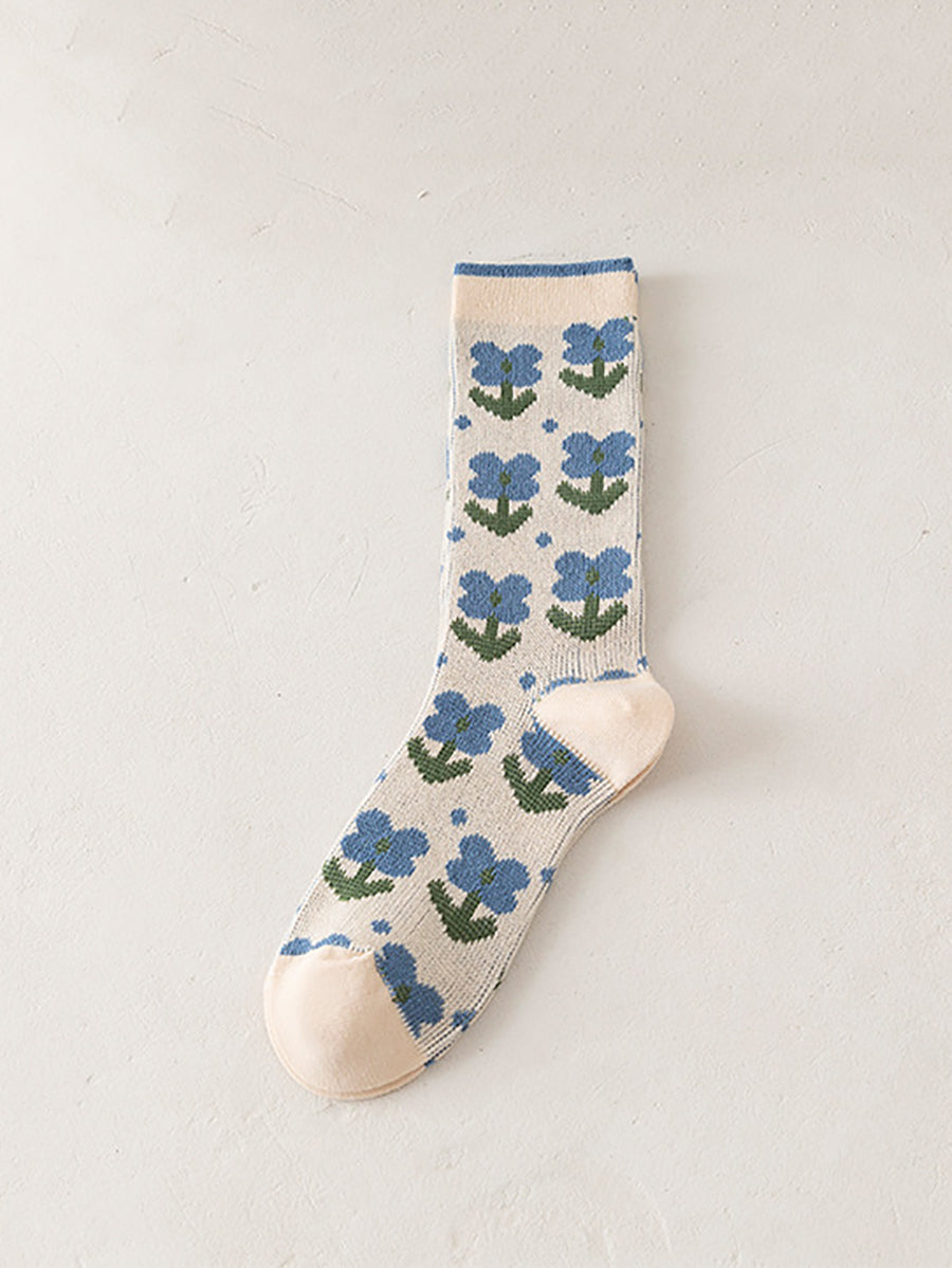 5 Pairs Flower Geometric Jacquard Long Socks