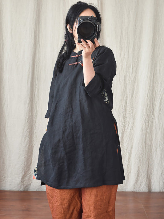 Women Vintage Spring Spliced Ramie Robe Dress