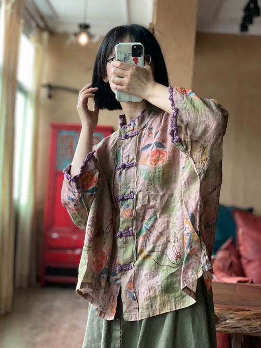 Women Summer Vintage Floral Button Loose Linen Shirt