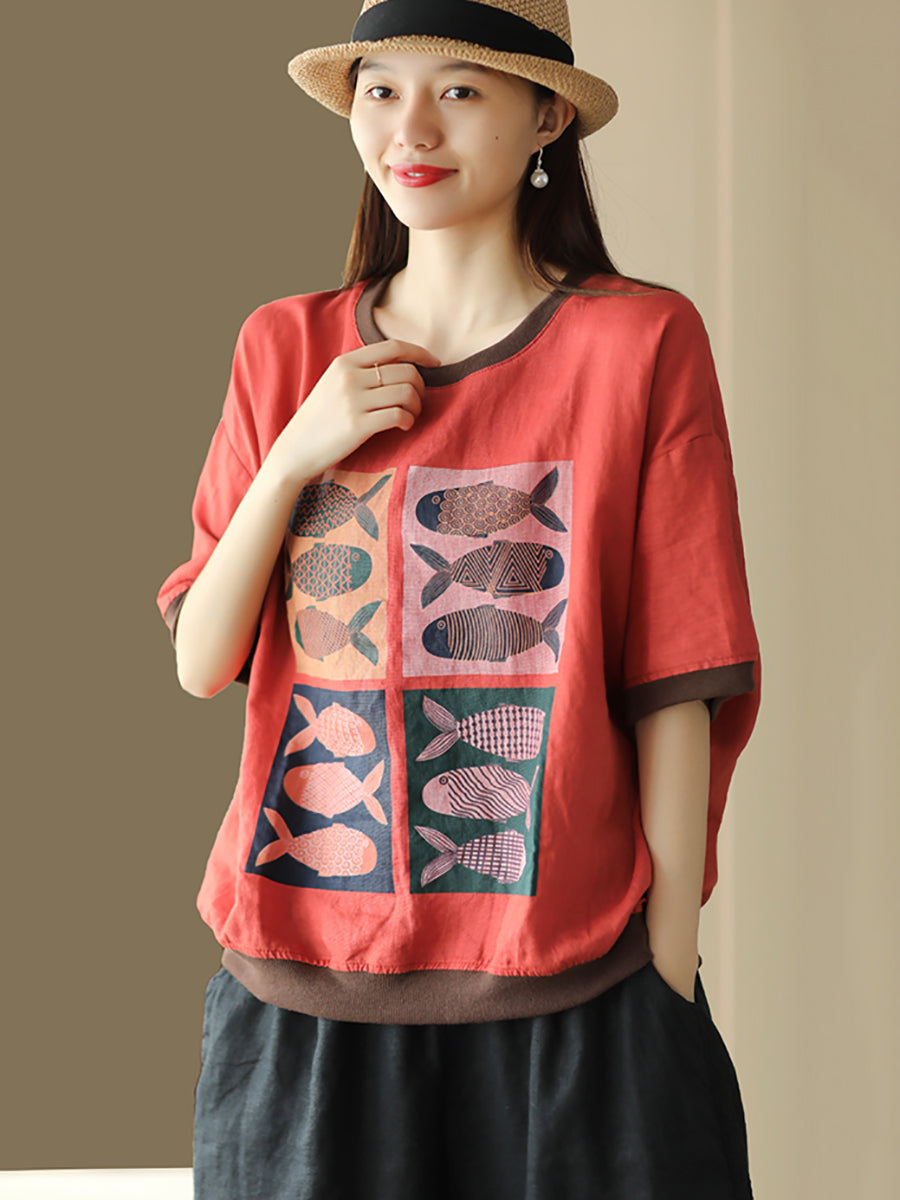 Women Summer Casual Fish Print Spliced 100%Linen Shirt