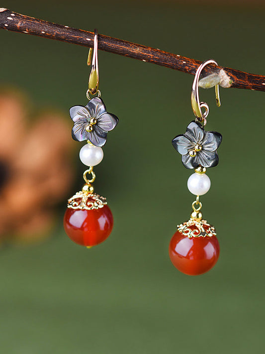 Boucles d'oreilles pendantes en perles d'agate rouge, 2 pièces, fleur de coquillage