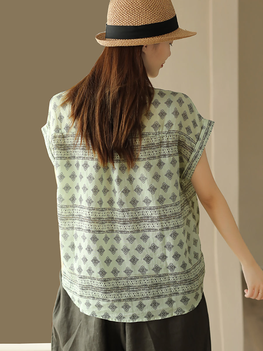 Women Summer Vintage Geometric Print Button Linen Shirt