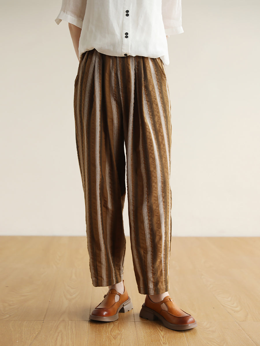 Women Summer Stripe  Pocket Vintage Loose Cotton Pants
