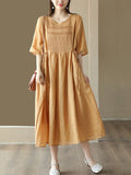 Women Artsy Draped Drawstring Solid 100%Ramie Dress