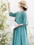 Women Summer Artsy Floral Pleat Pocket Loose Cotton Dress