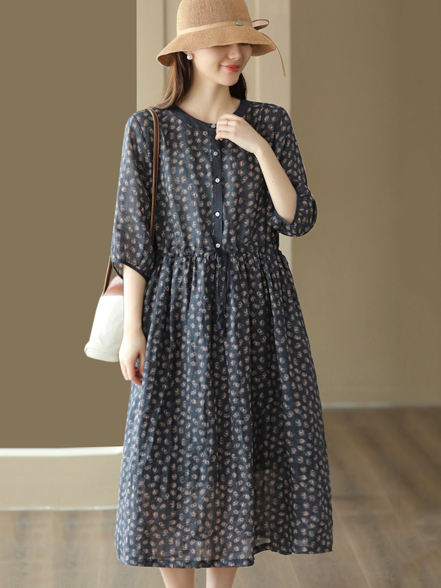 Women Vintage Floral Drawstring Button Soliced Holiday Dress