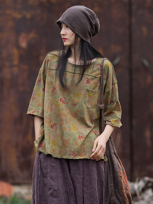 Chemise d'été rétro à ourlet avec poche florale pour femmes