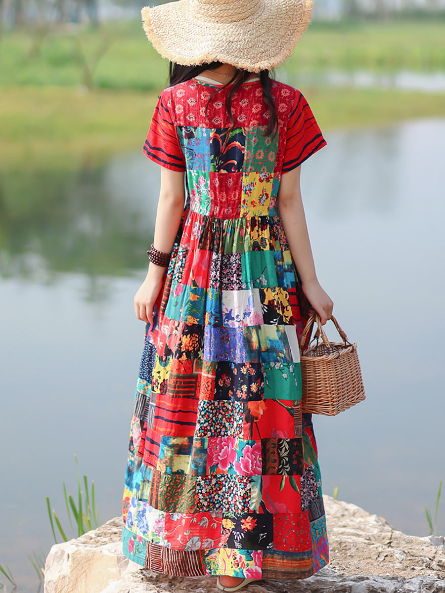 Women Ethnic Summer Patch Spliced Drawstring Loose Dress