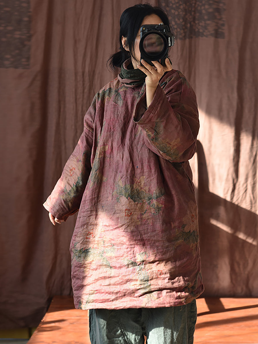 Women Ethnic Flower Linen Padded Long Coat