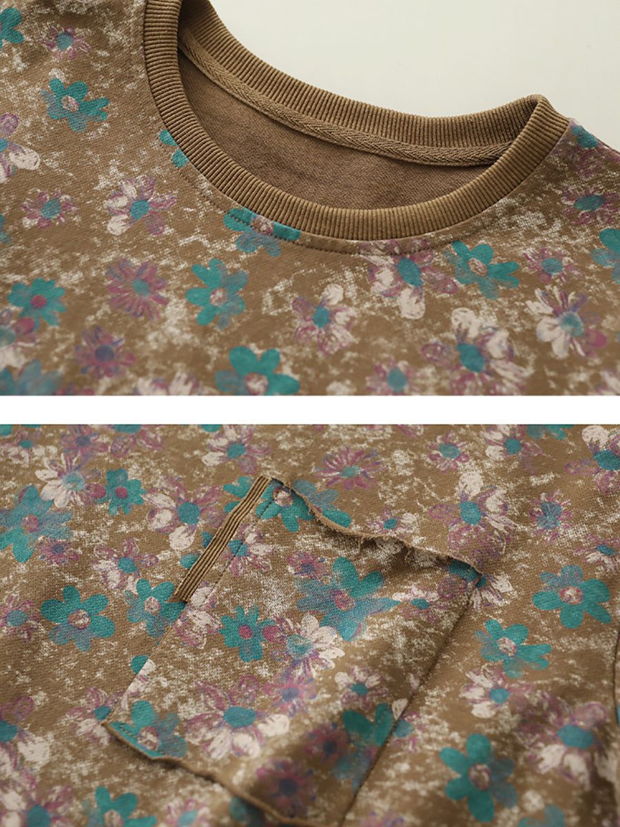 Women Vintage Cotton Flower O-Neck Sweatshirt