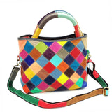 Rhombus Color Matching Cowhide Handbag Genuine Leather Bag