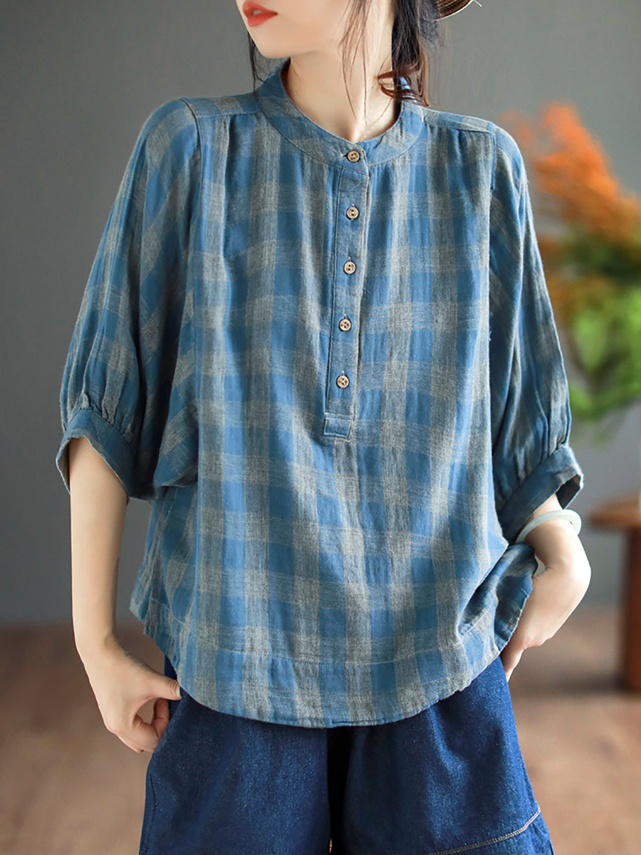 Women Retro Plaid Button Batwing Sleeve Cotton Shirt