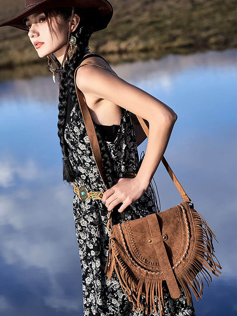 Women Ethnic Solid Stitching Tassel Shoulder Bag Saddle Bag