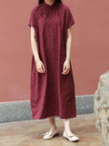 Women Summer Solid Vintage Flower Jacquard Robe Dress