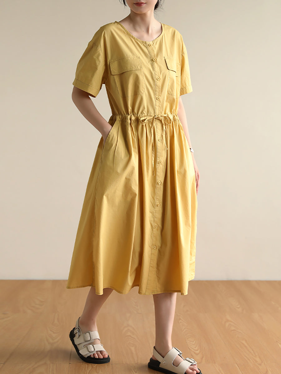 Women Summer Commute Solid Pocket Drawstring Cardigan Dress