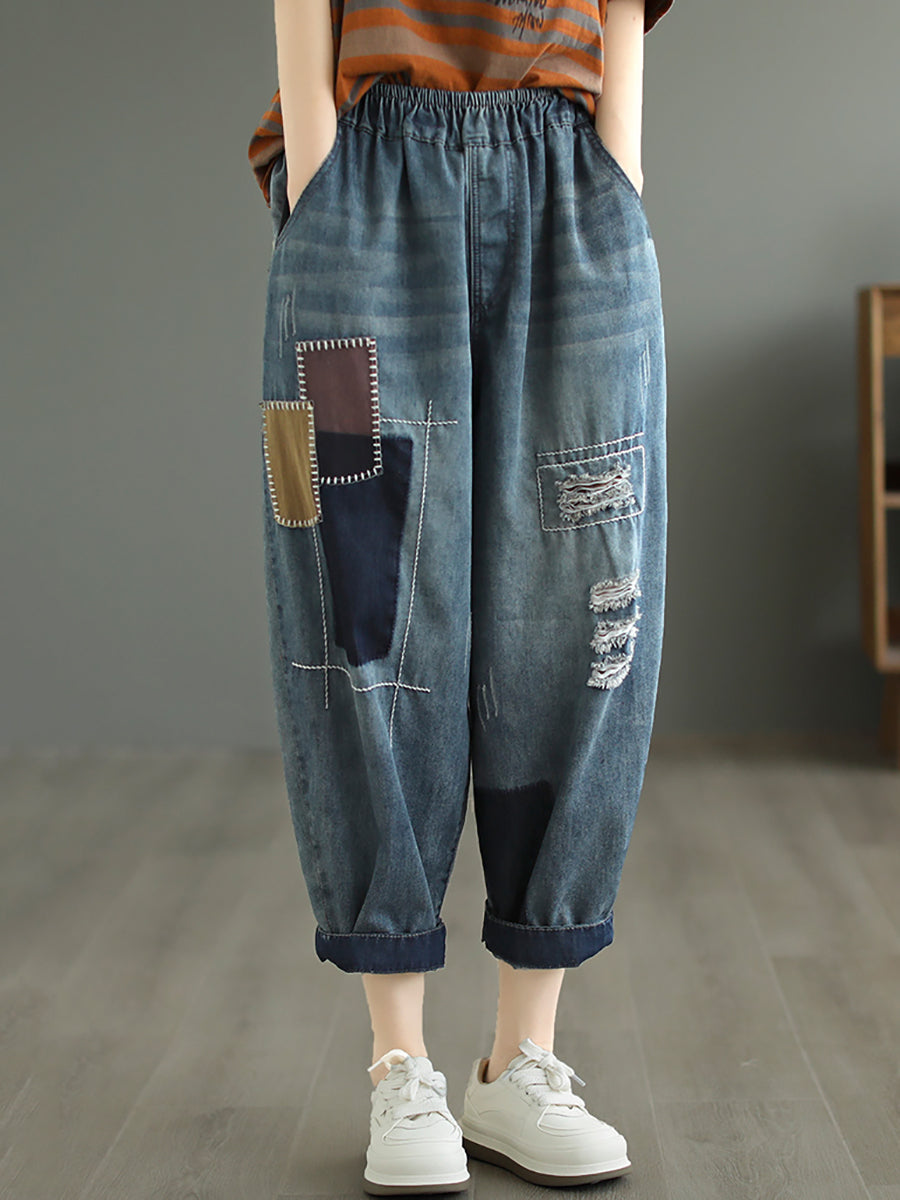 Pantalon sarouel en denim vieilli avec patch décontracté pour femmes