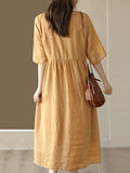 Women Artsy Draped Drawstring Solid 100%Ramie Dress