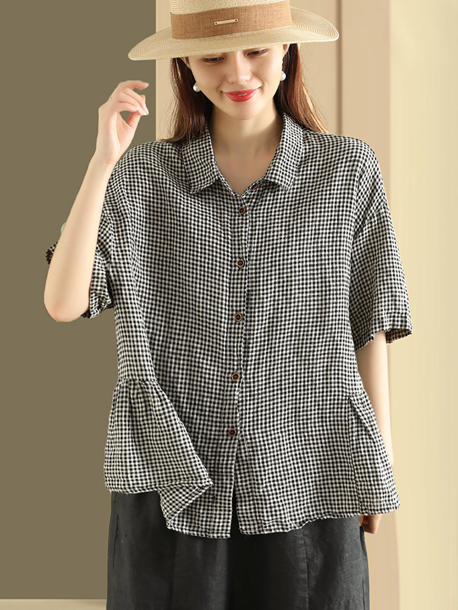Women Summer Casual Plaid Button Cardigan Linen Shirt
