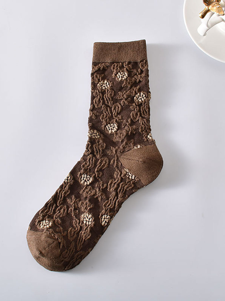 5 Pairs Artsy Flower Rhomboids Jacquard Cotton Socks