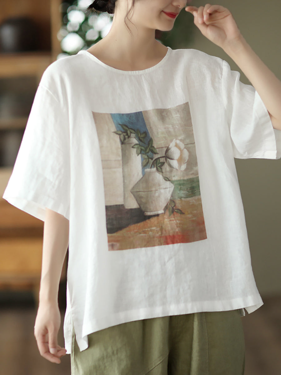 Women Summer Casual Draw Print Loose Shirt