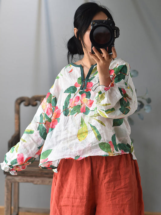 Women Ethnic Spring Flower Print V-Neck Ramie Shirt