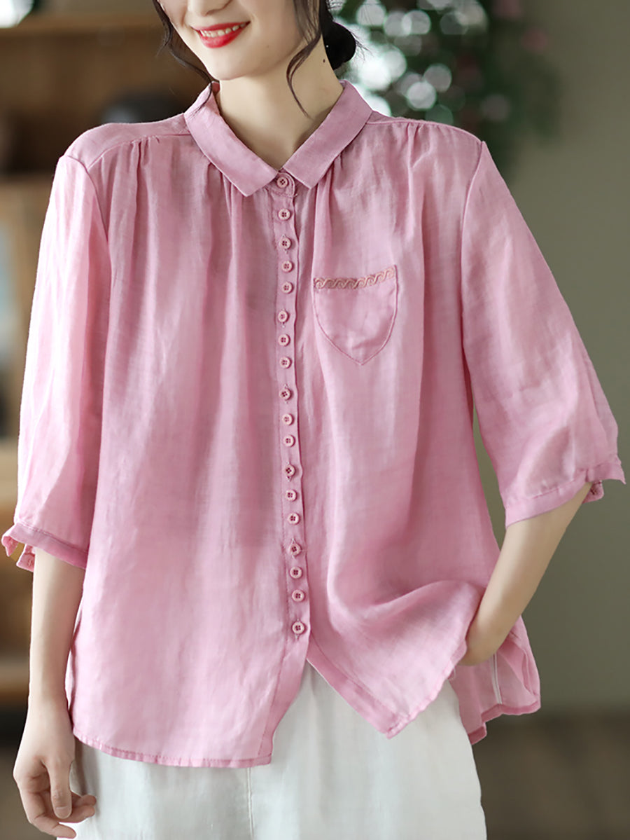 Women Spring Artsy Solid Button Embroidery Loose Shirt
