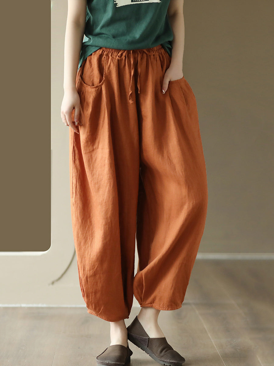 Women Spring Retro Pocket Drawstring Plain Loose Pants