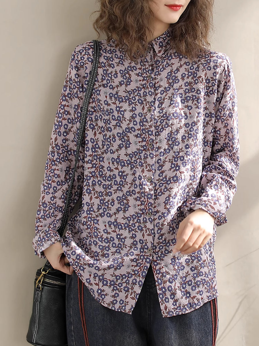 Women Vintage Floral Spring Cotton Loose Shirt