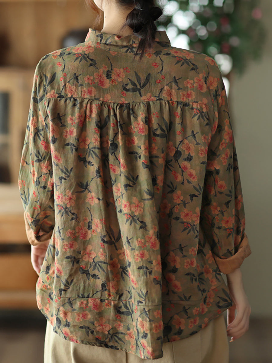 Chemise d'été en lin imprimée vintage, haut à col rabattu