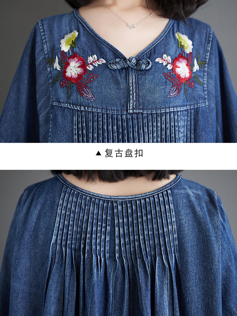 Women Summer Vintage Flower Embroidery Denim Dress