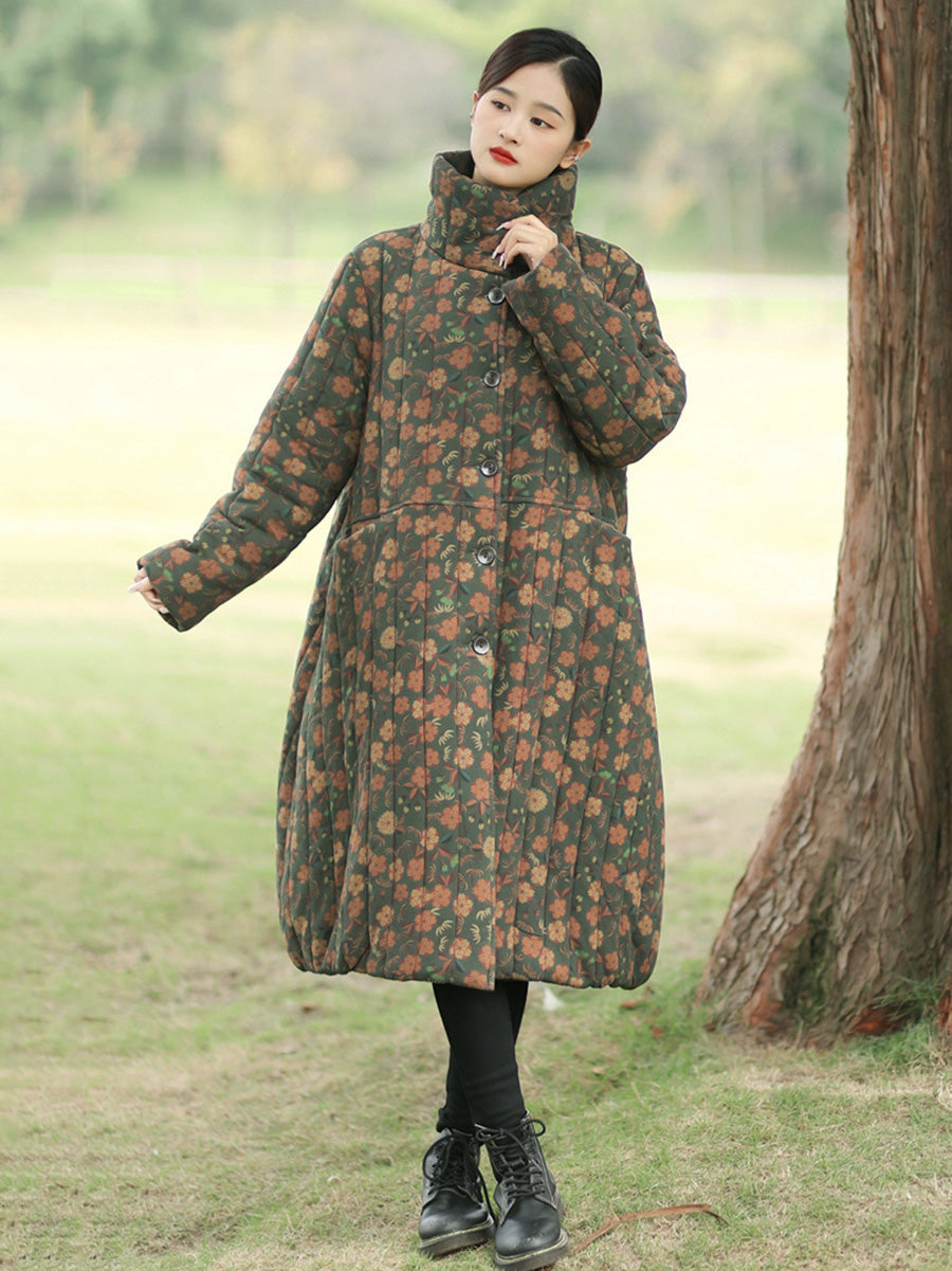 Women Vintage Floral Stand Collar Padded Long Coat