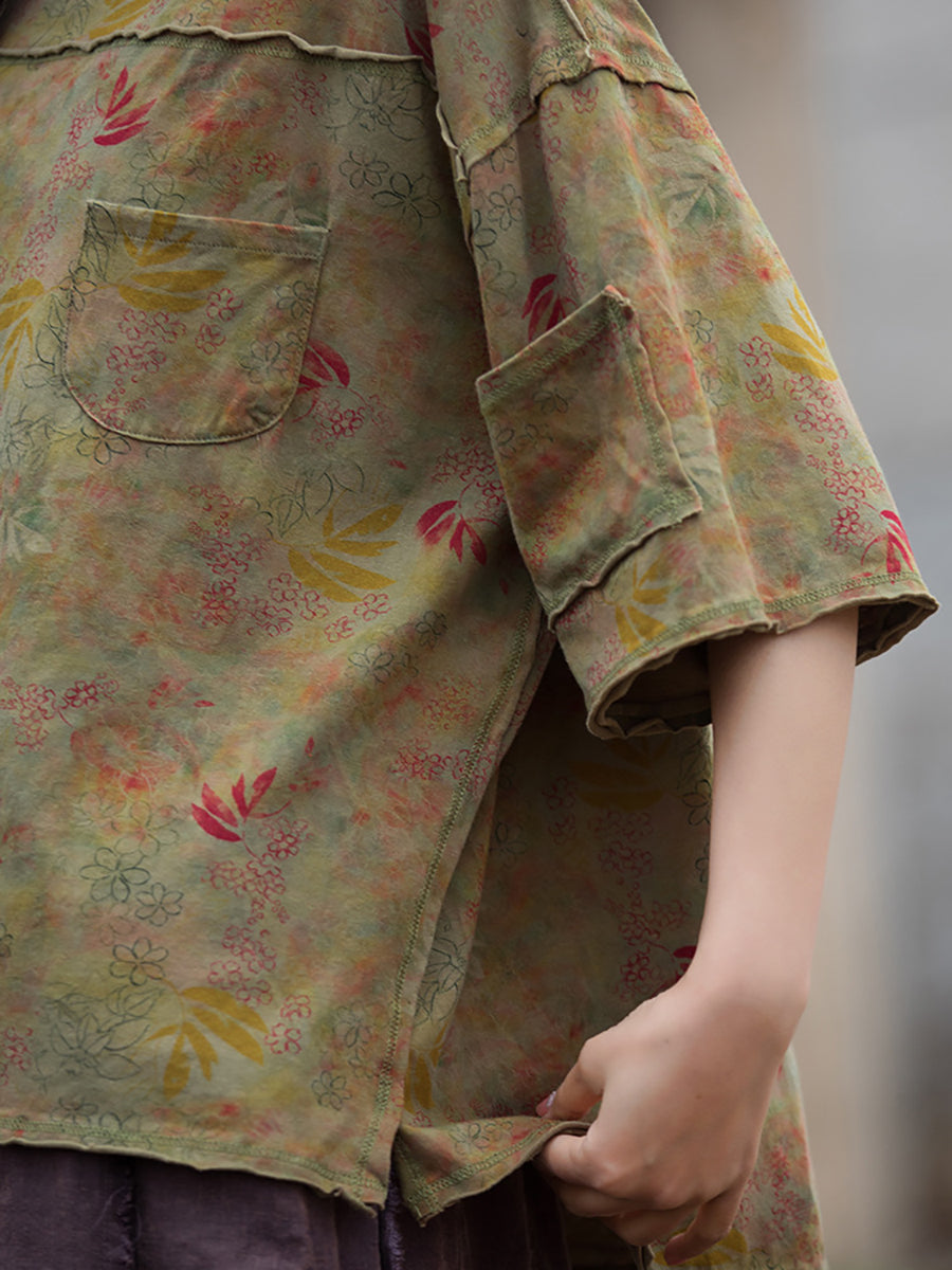 Chemise d'été rétro à ourlet avec poche florale pour femmes