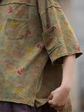 Women Summer Retro Floral Pocket Stitching Hemming Shirt